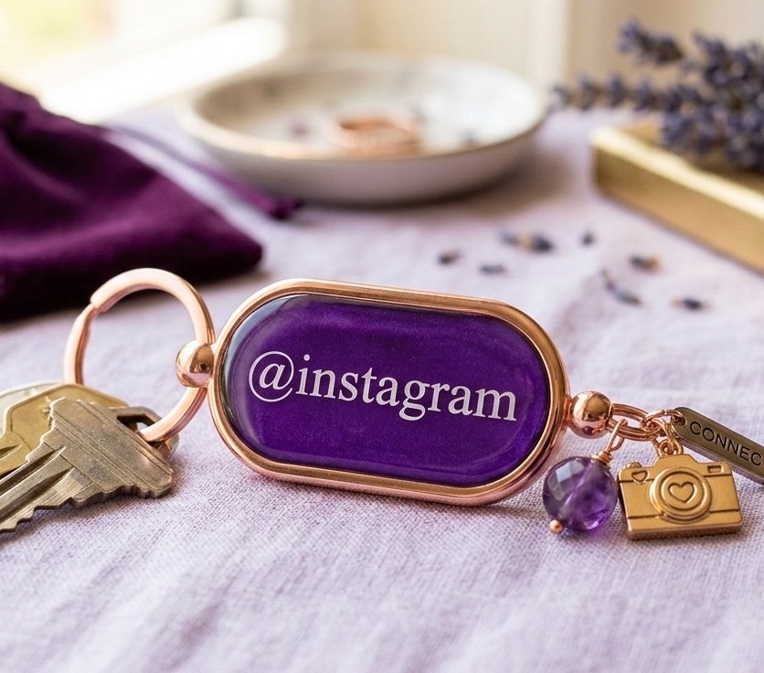 Purple Instagram keychain with rose gold accents
